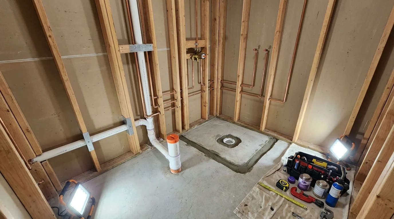 Bathroom rough-in plumbing during remodel by Johns Plumbing LLC in Oceana