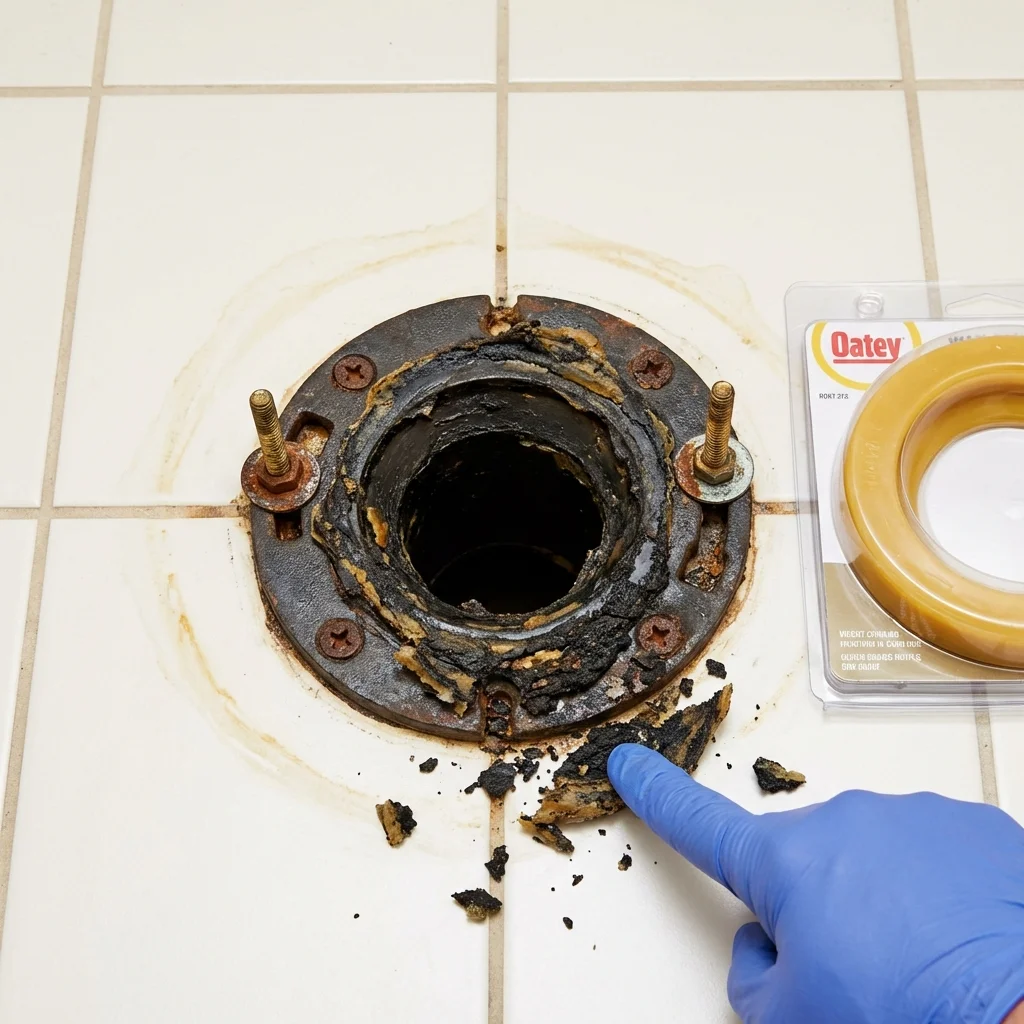 Failed wax ring showing water seepage at the base of a toilet in a Oceana, WV home