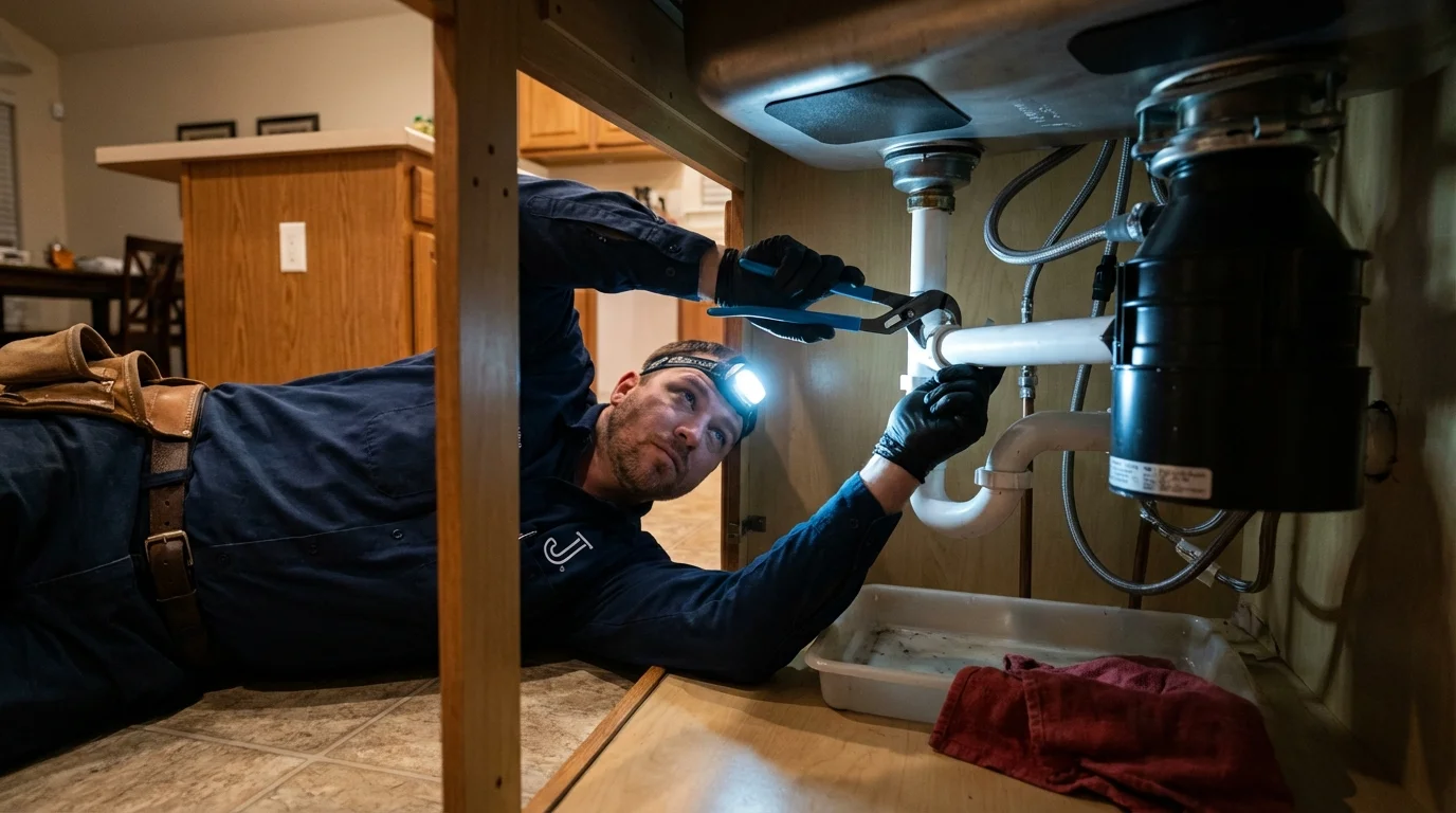 P-trap and supply line connections under a kitchen sink showing a common leak point in Oceana, WV